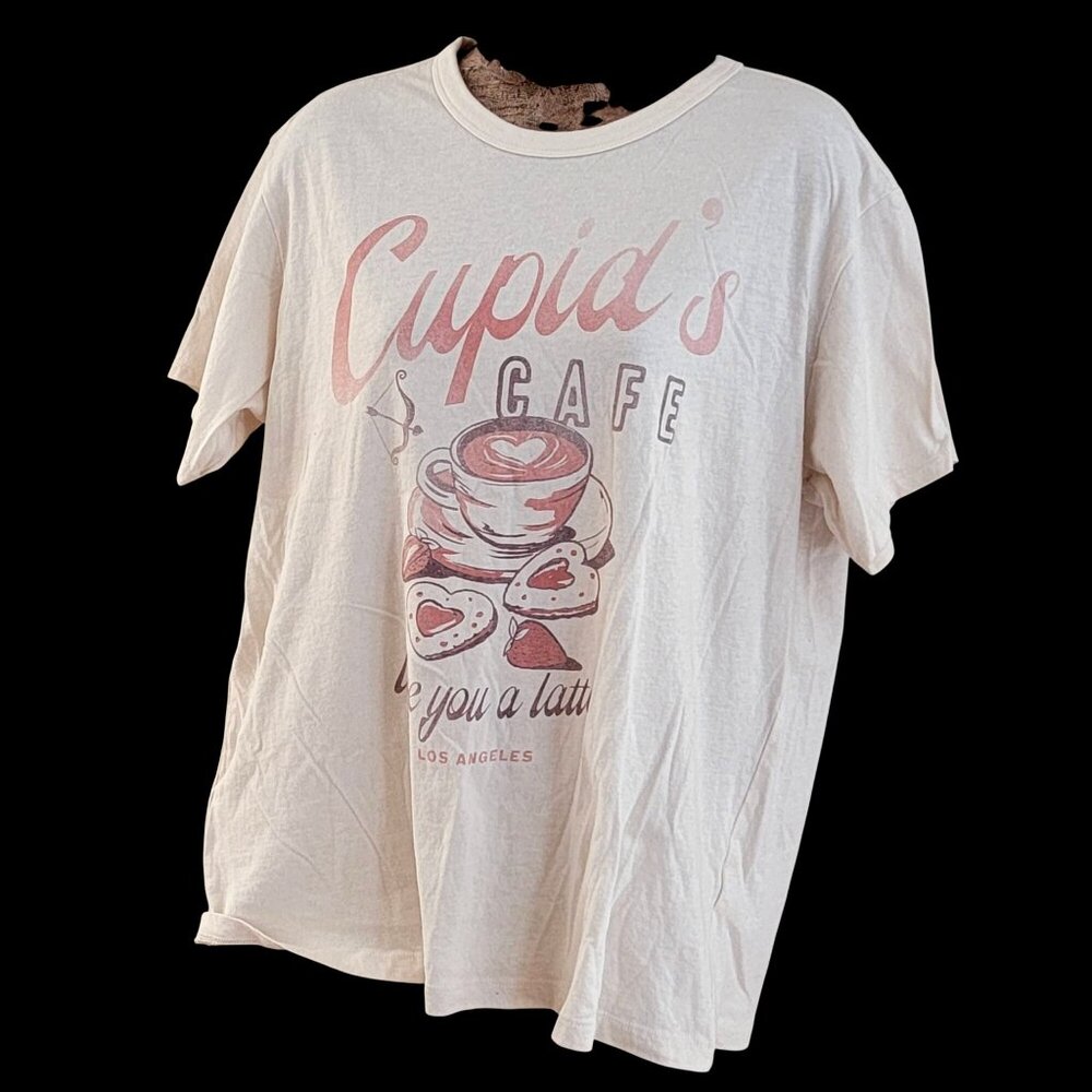 American Eagle Womens Cupids Cafe Graphic T-Shirt Beige M 100% Cotton Soft Casua